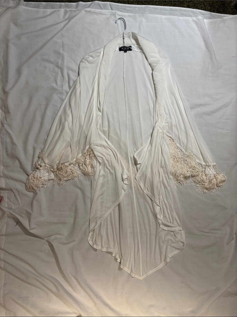 Light Cream Fringe-Trim Draped Robe Cardigan by Holy Tee